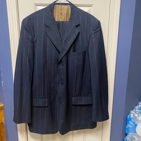 Pino Baldini Super 120s Mens Suit 44L Blue Stripe 38Wx 44L Pleated pants - Picture 1 of 12